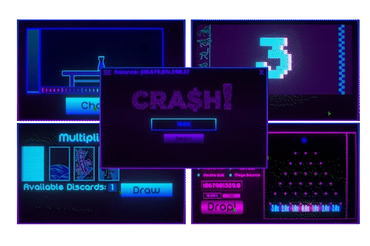 Crash gameplay preview showing several gambling mini games